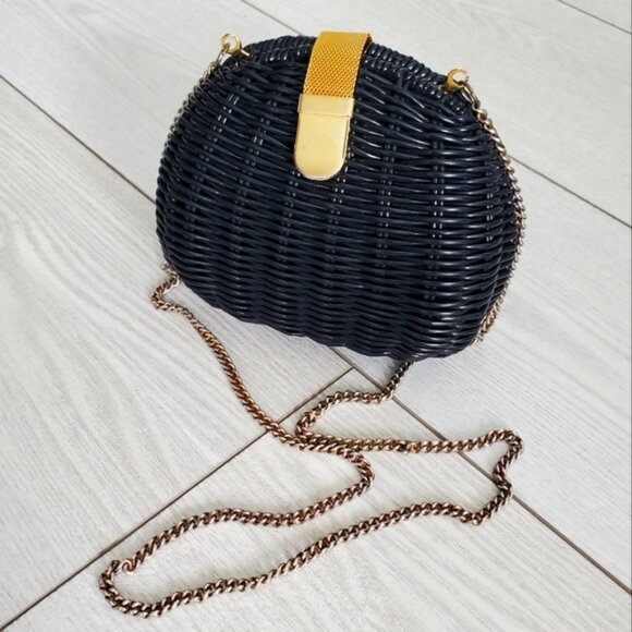 Vintage Handbags - Vintage Straw Structured Mermaid Black Boho Crossbody Mini Bag Purse